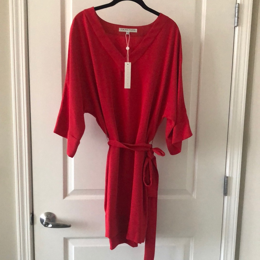 Trina Turk Red Belted V-Neck Dolman Dress